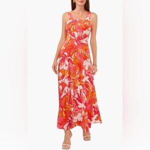 Vince Camuto Floral Maxi Dress Coral Pink Orange Tropical Square Neck XL
